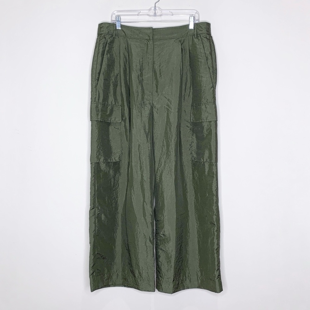 Tibi Stella Crispy Nylon Pleated Cargo Pant (Sz 12 Hemmed) Wide Leg Army Green - Picture 6 of 16